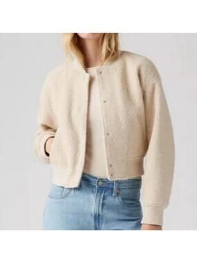 Levi’s Cream Tan Sherpa Cropped Varsity Bomber Jacket Size S